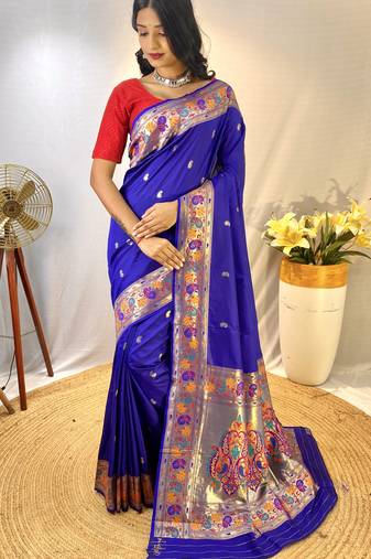 Violet Paithani Silk Sarees With All Over Meenakari  Keri Weaving Design And Designer Border