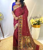 Wine Paithani Silk Sarees With All Over Meenakari  Keri Weaving Design And Designer Border