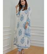 Beautiful white blue cotton kurti with pant and dupatta for women