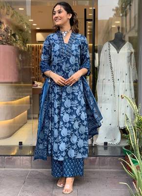 Beautiful cotton flower printed neckline worked blue kurta and pant with cotton dupatta 1