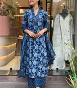 Beautiful cotton flower printed neckline worked blue kurta and pant with cotton dupatta