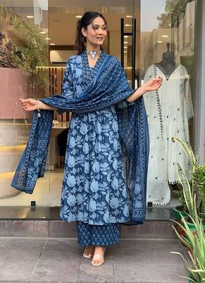 Beautiful cotton flower printed neckline worked blue kurta and pant with cotton dupatta 2