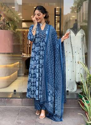 Beautiful cotton flower printed neckline worked blue kurta and pant with cotton dupatta 3