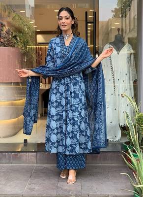 Beautiful cotton flower printed neckline worked blue kurta and pant with cotton dupatta 4