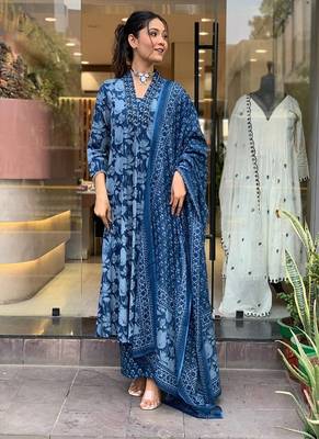 Beautiful cotton flower printed neckline worked blue kurta and pant with cotton dupatta 5