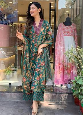 Green beautiful cotton flower printed neckline worked kurta and palazzo with cotton dupatta 4