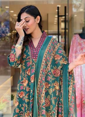 Green beautiful cotton flower printed neckline worked kurta and palazzo with cotton dupatta 5