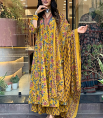 Mustard yellow beautiful cotton flower printed kurta and palazzo with cotton dupatta