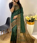 Green Chanderi Silk Sarees With Weaves Pattern & Digital Prints, Contrast Pallu & Border Printed With Contrast Blouse