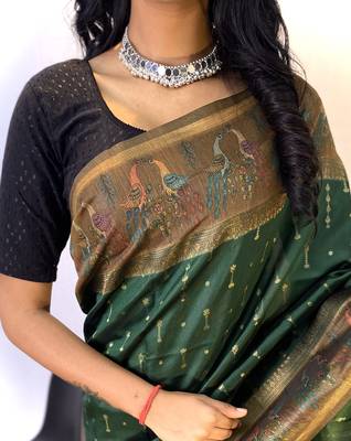 Green Chanderi Silk Sarees With Weaves Pattern & Digital Prints, Contrast Pallu & Border Printed With Contrast Blouse 3