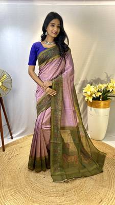 Lavender Chanderi Silk Sarees With Weaves Pattern & Digital Prints, Contrast Pallu & Border Printed With Contrast Blouse 1