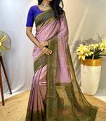 Lavender Chanderi Silk Sarees With Weaves Pattern & Digital Prints, Contrast Pallu & Border Printed With Contrast Blouse