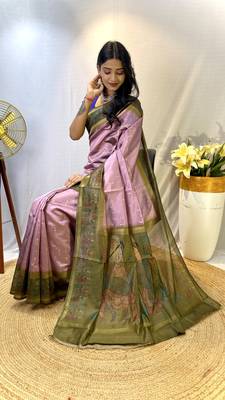 Lavender Chanderi Silk Sarees With Weaves Pattern & Digital Prints, Contrast Pallu & Border Printed With Contrast Blouse 5