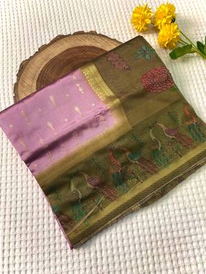 Lavender Chanderi Silk Sarees With Weaves Pattern & Digital Prints, Contrast Pallu & Border Printed With Contrast Blouse 6