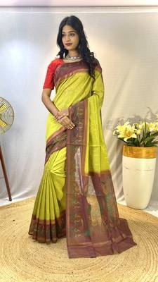Pista Chanderi Silk Sarees With Weaves Pattern & Digital Prints, Contrast Pallu & Border Printed With Contrast Blouse 1