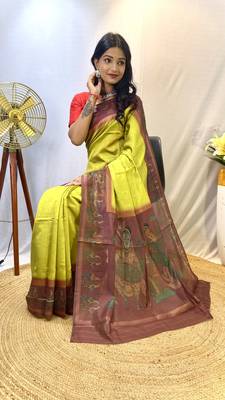 Pista Chanderi Silk Sarees With Weaves Pattern & Digital Prints, Contrast Pallu & Border Printed With Contrast Blouse 3