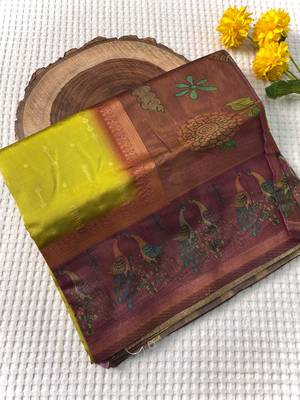 Pista Chanderi Silk Sarees With Weaves Pattern & Digital Prints, Contrast Pallu & Border Printed With Contrast Blouse 4