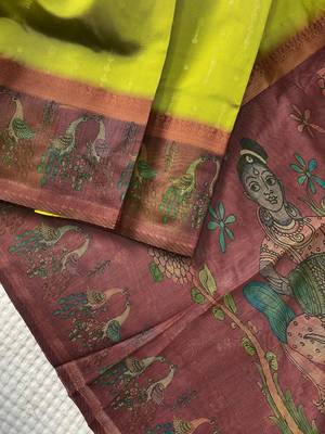 Pista Chanderi Silk Sarees With Weaves Pattern & Digital Prints, Contrast Pallu & Border Printed With Contrast Blouse 5