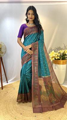 Rama Chanderi Silk Sarees With Weaves Pattern & Digital Prints, Contrast Pallu & Border Printed With Contrast Blouse 1