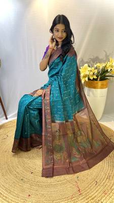 Rama Chanderi Silk Sarees With Weaves Pattern & Digital Prints, Contrast Pallu & Border Printed With Contrast Blouse 3