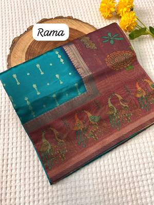 Rama Chanderi Silk Sarees With Weaves Pattern & Digital Prints, Contrast Pallu & Border Printed With Contrast Blouse 4