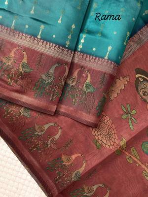 Rama Chanderi Silk Sarees With Weaves Pattern & Digital Prints, Contrast Pallu & Border Printed With Contrast Blouse 5