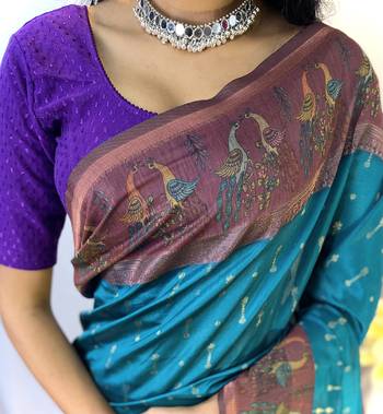 Rama Chanderi Silk Sarees With Weaves Pattern & Digital Prints, Contrast Pallu & Border Printed With Contrast Blouse 6