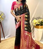 Black Foux Kanchipuram Sarees With A Temple Weaving Border With Contrast Blouse