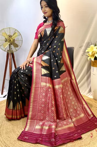 Black Foux Kanchipuram Sarees With A Temple Weaving Border With Contrast Blouse