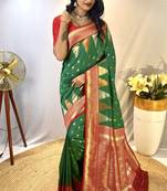 Green Foux Kanchipuram Sarees With A Temple Weaving Border With Contrast Blouse