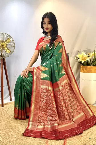 Green Foux Kanchipuram Sarees With A Temple Weaving Border With Contrast Blouse