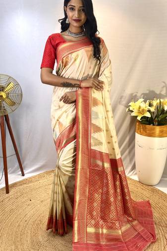 Cream Foux Kanchipuram Sarees With A Temple Weaving Border With Contrast Blouse