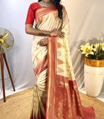 Cream Foux Kanchipuram Sarees With A Temple Weaving Border With Contrast Blouse