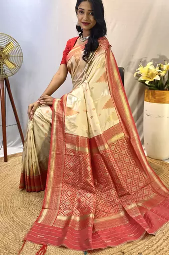 Cream Foux Kanchipuram Sarees With A Temple Weaving Border With Contrast Blouse