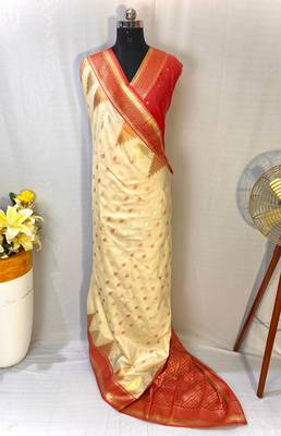 Cream Foux Kanchipuram Sarees With A Temple Weaving Border With Contrast Blouse 5