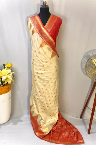Cream Foux Kanchipuram Sarees With A Temple Weaving Border With Contrast Blouse