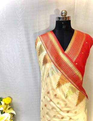 Cream Foux Kanchipuram Sarees With A Temple Weaving Border With Contrast Blouse 6