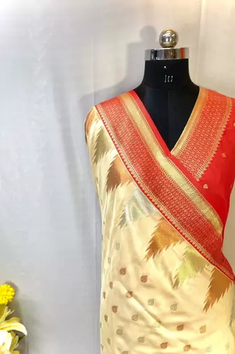 Cream Foux Kanchipuram Sarees With A Temple Weaving Border With Contrast Blouse