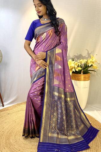 Lavender Foux Kanchipuram Sarees With A Temple Weaving Border With Contrast Blouse