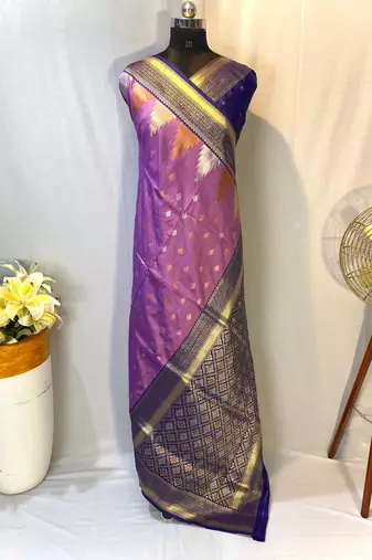Lavender Foux Kanchipuram Sarees With A Temple Weaving Border With Contrast Blouse