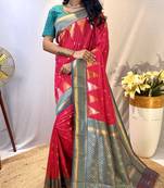 Pink Foux Kanchipuram Sarees With A Temple Weaving Border With Contrast Blouse