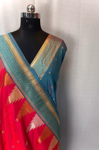 Pink Foux Kanchipuram Sarees With A Temple Weaving Border With Contrast Blouse