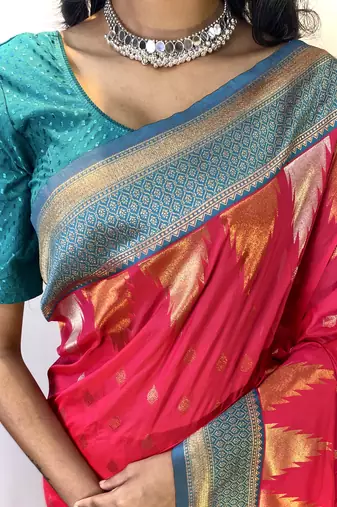 Pink Foux Kanchipuram Sarees With A Temple Weaving Border With Contrast Blouse