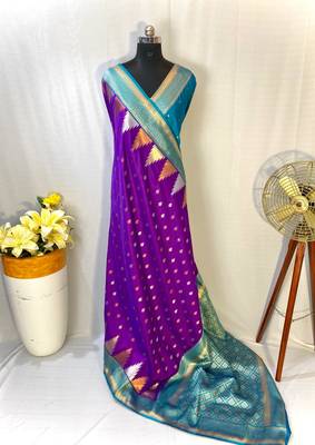Purple Foux Kanchipuram Sarees With A Temple Weaving Border With Contrast Blouse 1