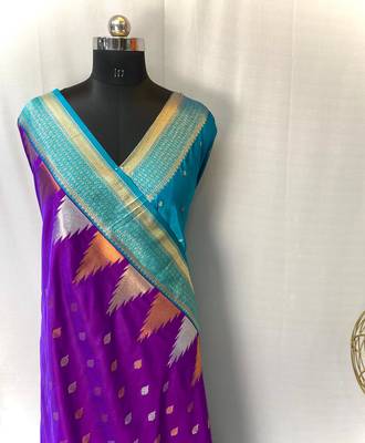 Purple Foux Kanchipuram Sarees With A Temple Weaving Border With Contrast Blouse 3