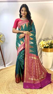 Rama Foux Kanchipuram Sarees With A Temple Weaving Border With Contrast Blouse 1