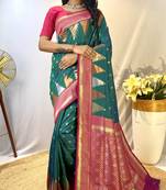Rama Foux Kanchipuram Sarees With A Temple Weaving Border With Contrast Blouse