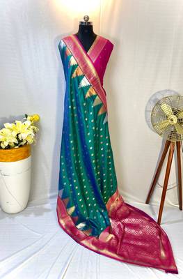 Rama Foux Kanchipuram Sarees With A Temple Weaving Border With Contrast Blouse 6