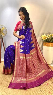 Violet Foux Kanchipuram Sarees With A Temple Weaving Border With Contrast Blouse 5