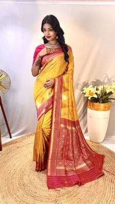Yellow Foux Kanchipuram Sarees With A Temple Weaving Border With Contrast Blouse 1